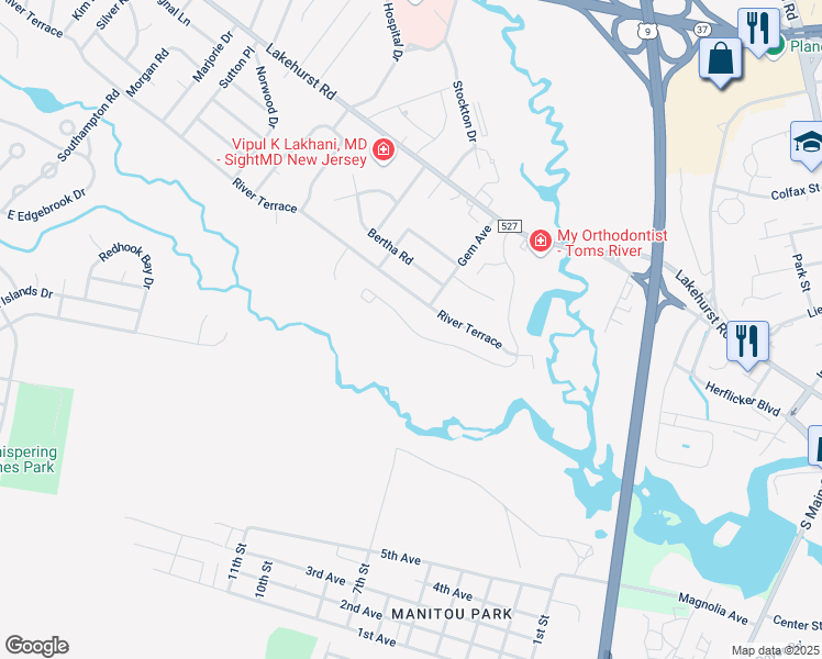 map of restaurants, bars, coffee shops, grocery stores, and more near 256 Edgewood Drive in Toms River