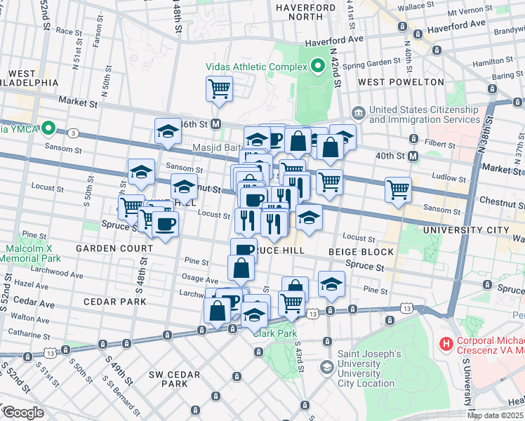 map of restaurants, bars, coffee shops, grocery stores, and more near 220 Buckingham Place in Philadelphia