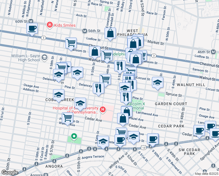 map of restaurants, bars, coffee shops, grocery stores, and more near 5339 Delancey Street in Philadelphia