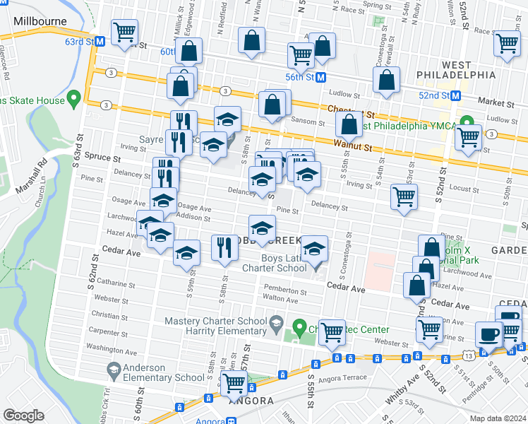 map of restaurants, bars, coffee shops, grocery stores, and more near 406 South 57th Street in Philadelphia