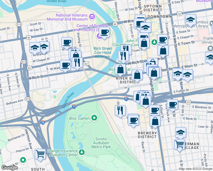 map of restaurants, bars, coffee shops, grocery stores, and more near 2 Miranova Place in Columbus