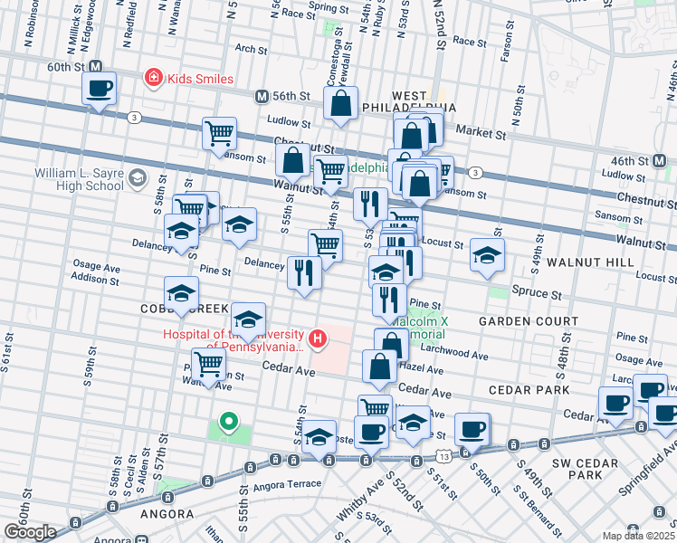 map of restaurants, bars, coffee shops, grocery stores, and more near 5339 Delancey Street in Philadelphia