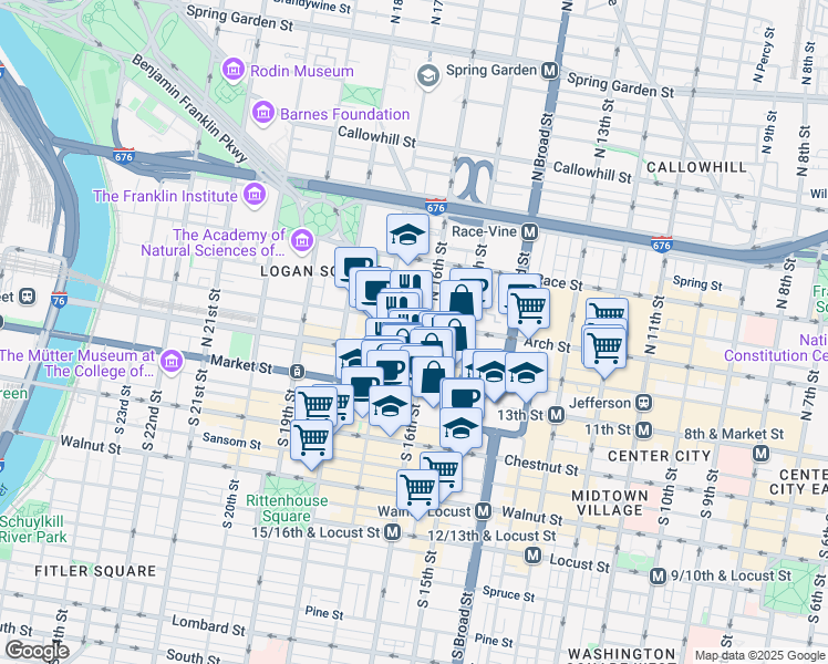 map of restaurants, bars, coffee shops, grocery stores, and more near 1600 Arch Street in Philadelphia