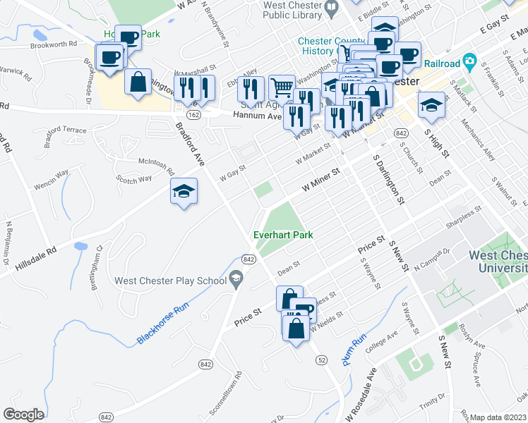map of restaurants, bars, coffee shops, grocery stores, and more near 601 West Miner Street in West Chester