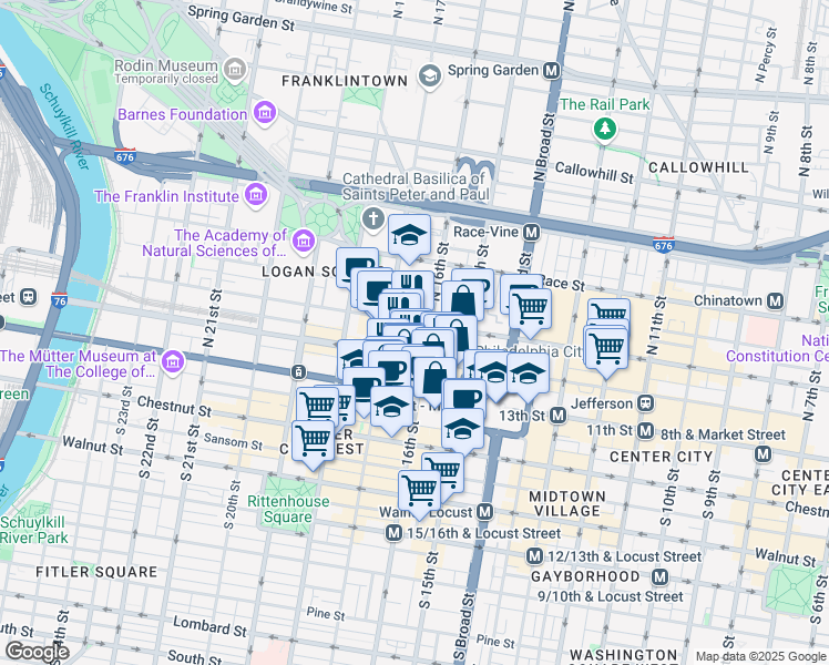 map of restaurants, bars, coffee shops, grocery stores, and more near 1617 John F Kennedy Boulevard in Philadelphia