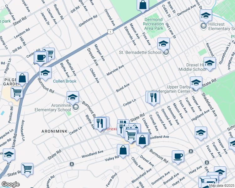 map of restaurants, bars, coffee shops, grocery stores, and more near 931 Drexel Avenue in Drexel Hill