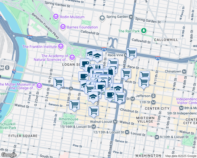 map of restaurants, bars, coffee shops, grocery stores, and more near 1600-18 Arch Street in Philadelphia