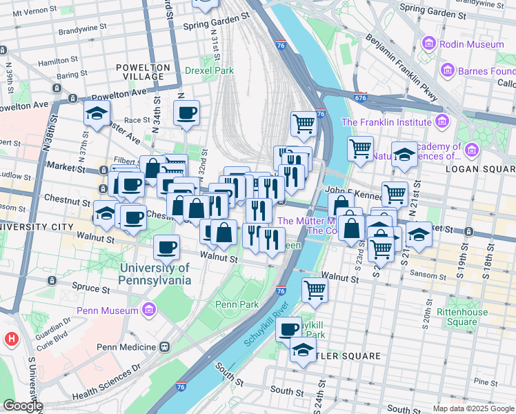 map of restaurants, bars, coffee shops, grocery stores, and more near 3020 Market Street in Philadelphia