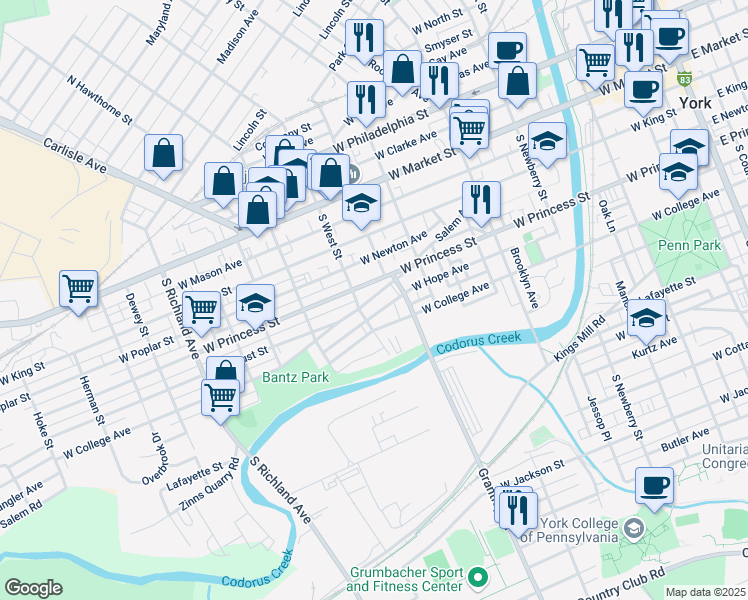map of restaurants, bars, coffee shops, grocery stores, and more near 564 Salem Avenue in York