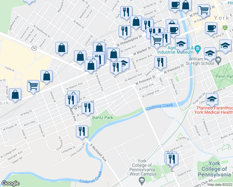 map of restaurants, bars, coffee shops, grocery stores, and more near 618 West Princess Street in York