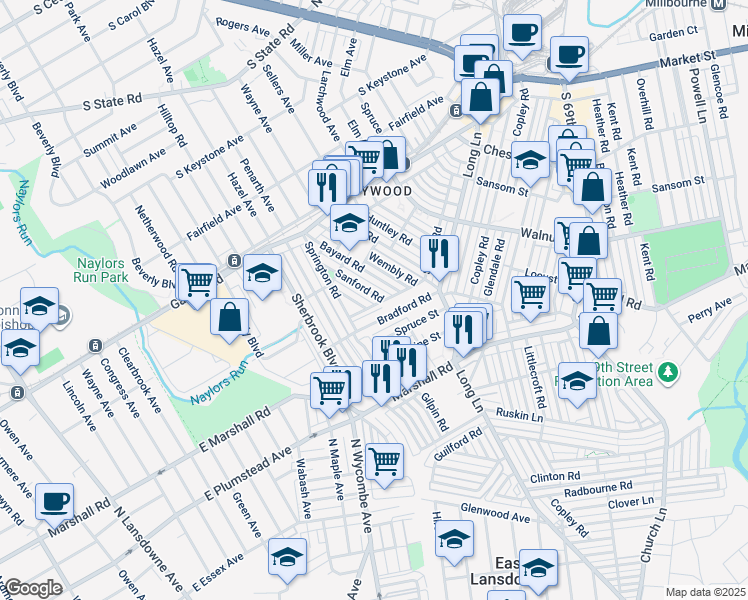 map of restaurants, bars, coffee shops, grocery stores, and more near 234 Sanford Road in Upper Darby