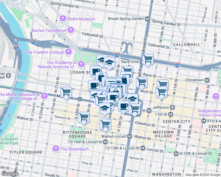 map of restaurants, bars, coffee shops, grocery stores, and more near 1600 Arch Street in Philadelphia
