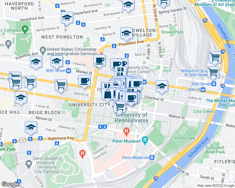 map of restaurants, bars, coffee shops, grocery stores, and more near 3600 Chestnut Street in Philadelphia