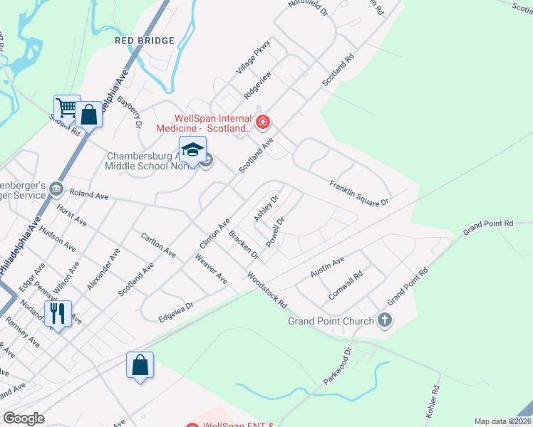 map of restaurants, bars, coffee shops, grocery stores, and more near 1920 Ashley Drive in Chambersburg