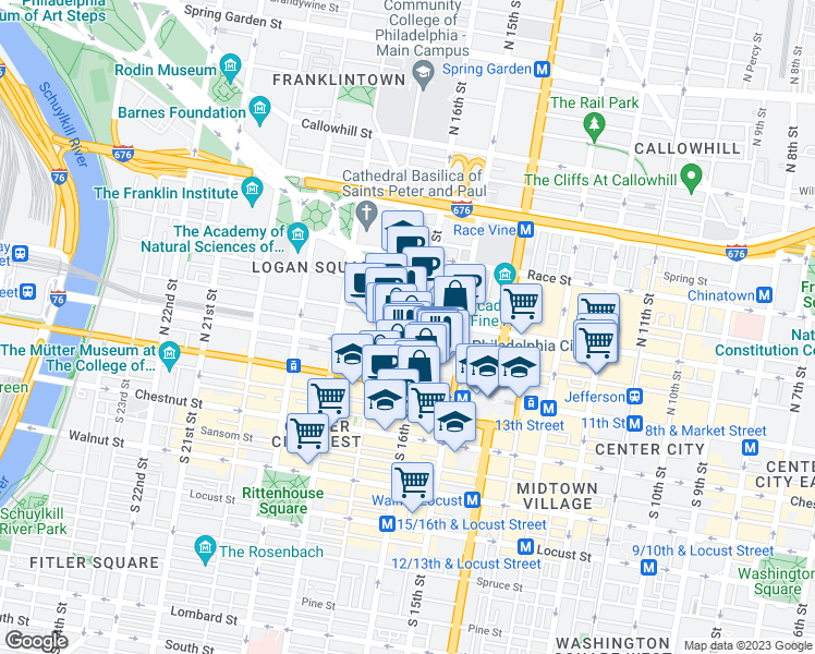 map of restaurants, bars, coffee shops, grocery stores, and more near 1617 John F Kennedy Boulevard in Philadelphia