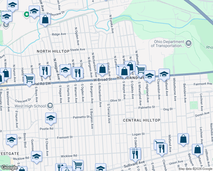 map of restaurants, bars, coffee shops, grocery stores, and more near 57 South Terrace Avenue in Columbus