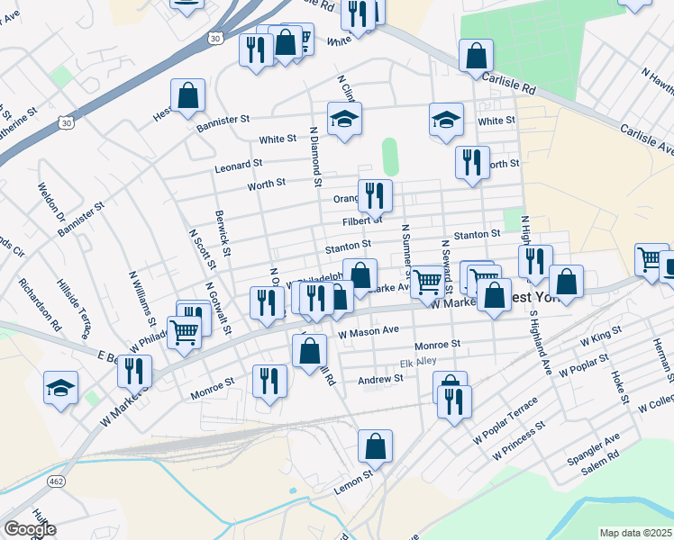map of restaurants, bars, coffee shops, grocery stores, and more near 1829 West Philadelphia Street in York