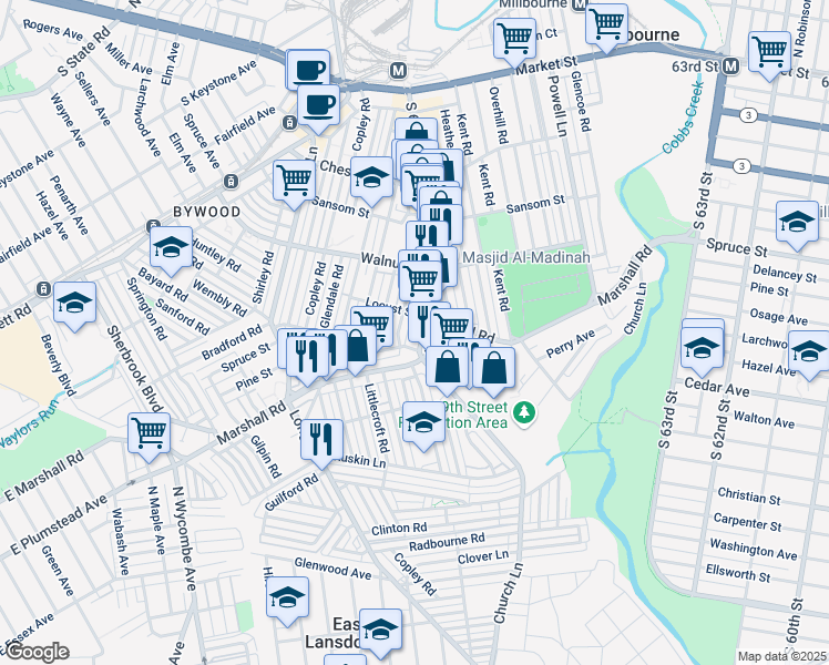 map of restaurants, bars, coffee shops, grocery stores, and more near 7012 Veronica Road in Delaware County