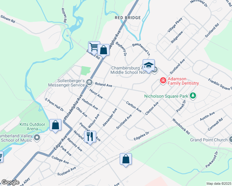 map of restaurants, bars, coffee shops, grocery stores, and more near 1730 Wilson Avenue in Chambersburg