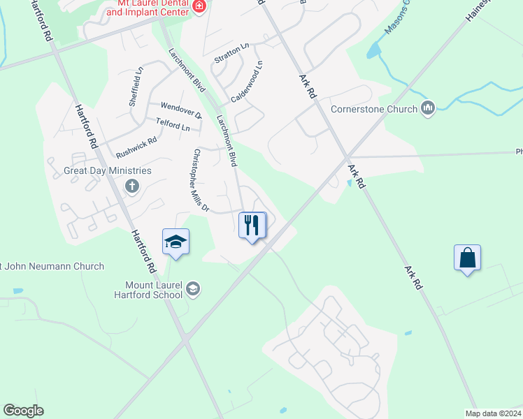 map of restaurants, bars, coffee shops, grocery stores, and more near 1005A Ralston Drive in Mount Laurel Township