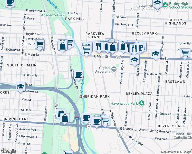 map of restaurants, bars, coffee shops, grocery stores, and more near 707 Sheridan Avenue in Columbus
