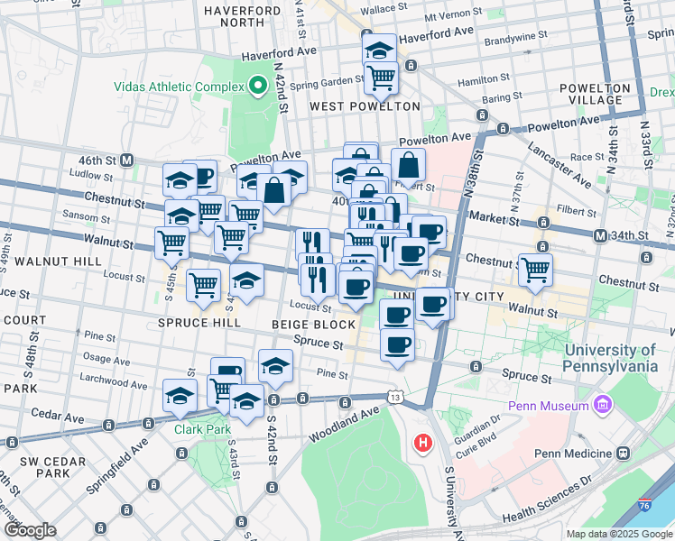 map of restaurants, bars, coffee shops, grocery stores, and more near 4029 Walnut Street in Philadelphia