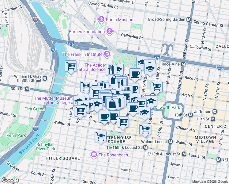 map of restaurants, bars, coffee shops, grocery stores, and more near 1901 John F Kennedy Boulevard in Philadelphia