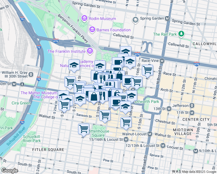 map of restaurants, bars, coffee shops, grocery stores, and more near 1815 John F Kennedy Boulevard in Philadelphia
