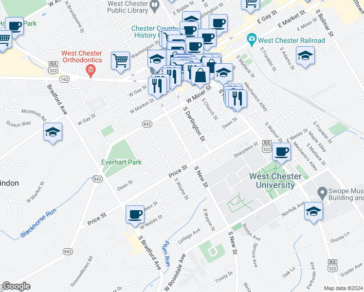 map of restaurants, bars, coffee shops, grocery stores, and more near 336 South New Street in West Chester