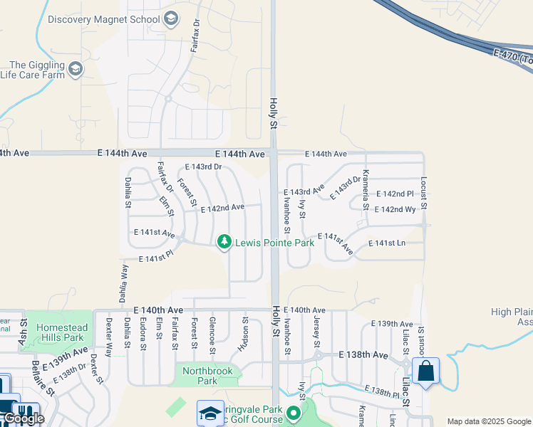 map of restaurants, bars, coffee shops, grocery stores, and more near 14161 Ivanhoe Street in Thornton