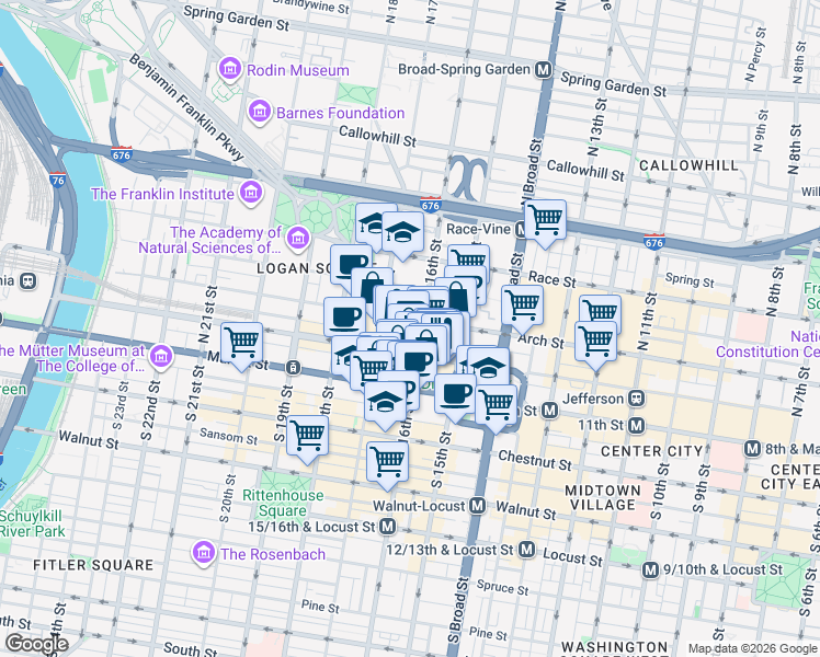 map of restaurants, bars, coffee shops, grocery stores, and more near 1617 John F Kennedy Boulevard in Philadelphia
