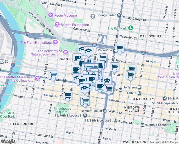 map of restaurants, bars, coffee shops, grocery stores, and more near 1600 John F Kennedy Boulevard in Philadelphia