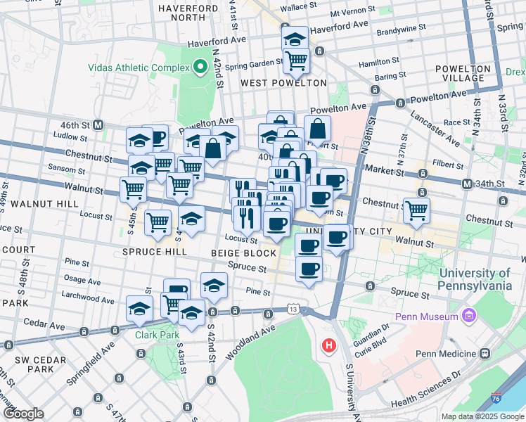 map of restaurants, bars, coffee shops, grocery stores, and more near 4029 Walnut Street in Philadelphia