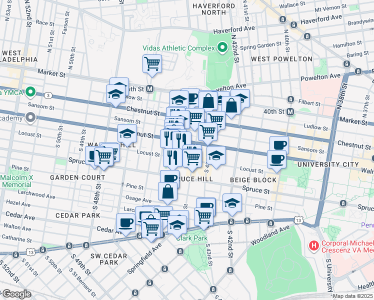 map of restaurants, bars, coffee shops, grocery stores, and more near 4426 Locust Street in Philadelphia