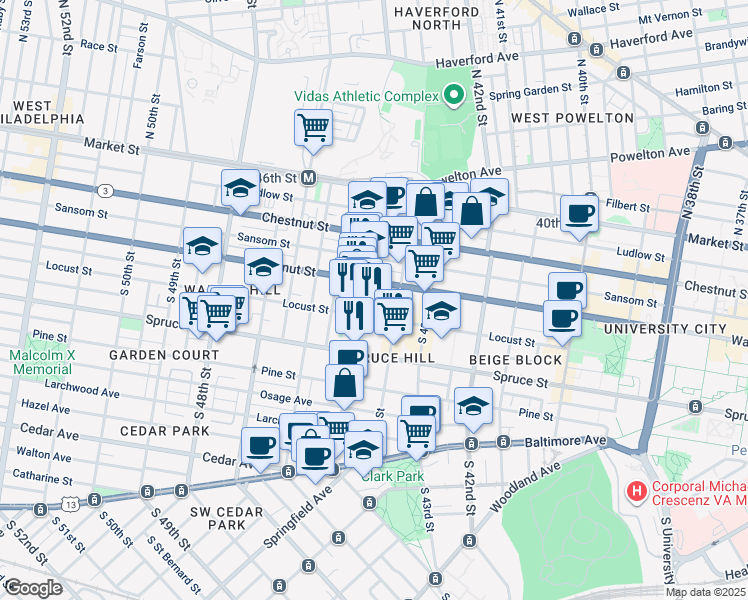 map of restaurants, bars, coffee shops, grocery stores, and more near 4426 Locust Street in Philadelphia