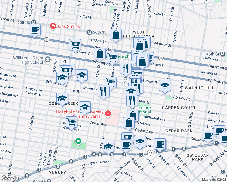map of restaurants, bars, coffee shops, grocery stores, and more near 5347 Delancey Street in Philadelphia