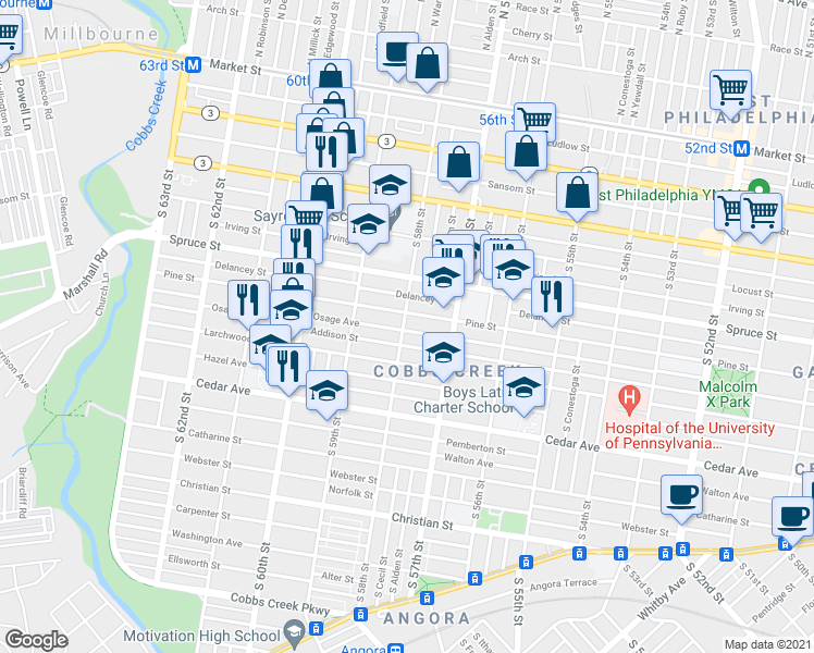 map of restaurants, bars, coffee shops, grocery stores, and more near 5802 Addison Street in Philadelphia