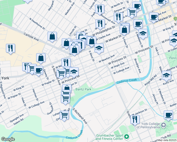 map of restaurants, bars, coffee shops, grocery stores, and more near 655 West Locust Street in York