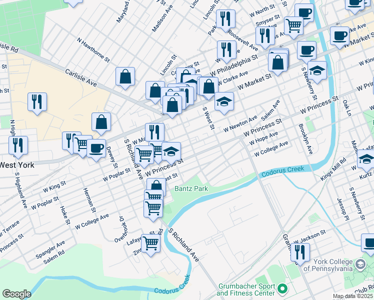 map of restaurants, bars, coffee shops, grocery stores, and more near 728 West Princess Street in York