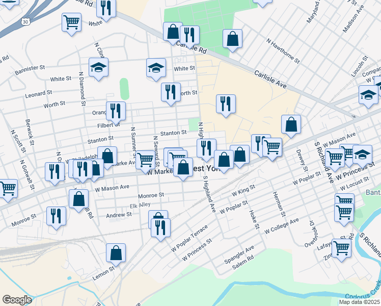 map of restaurants, bars, coffee shops, grocery stores, and more near 25 North Adams Street in West York
