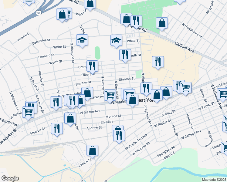 map of restaurants, bars, coffee shops, grocery stores, and more near 1621 West Clarke Avenue in West York