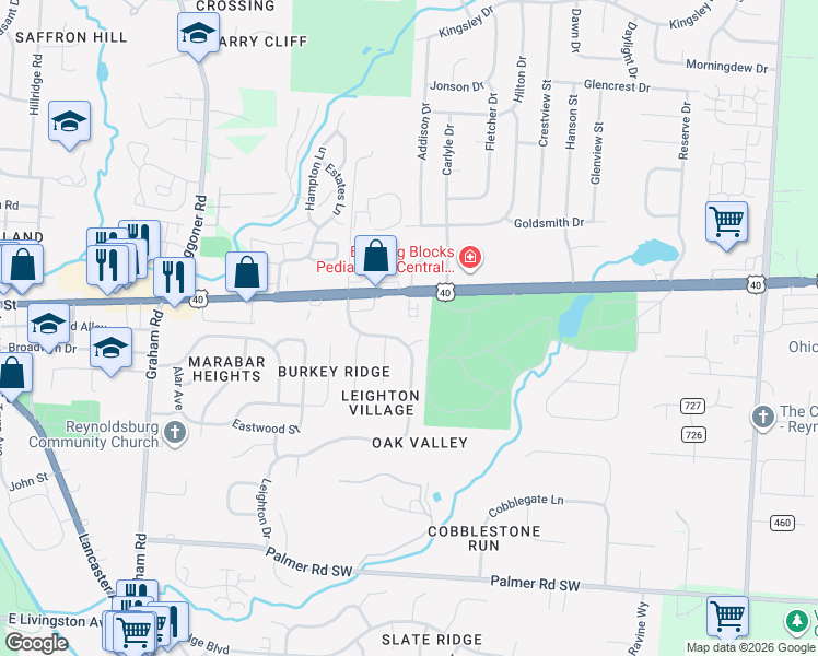 map of restaurants, bars, coffee shops, grocery stores, and more near 7949 Oak Valley Road in Reynoldsburg