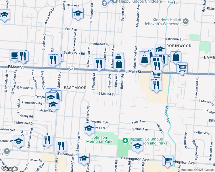 map of restaurants, bars, coffee shops, grocery stores, and more near 881 Byron Avenue in Columbus