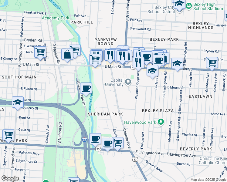 map of restaurants, bars, coffee shops, grocery stores, and more near 709 College Avenue in Columbus