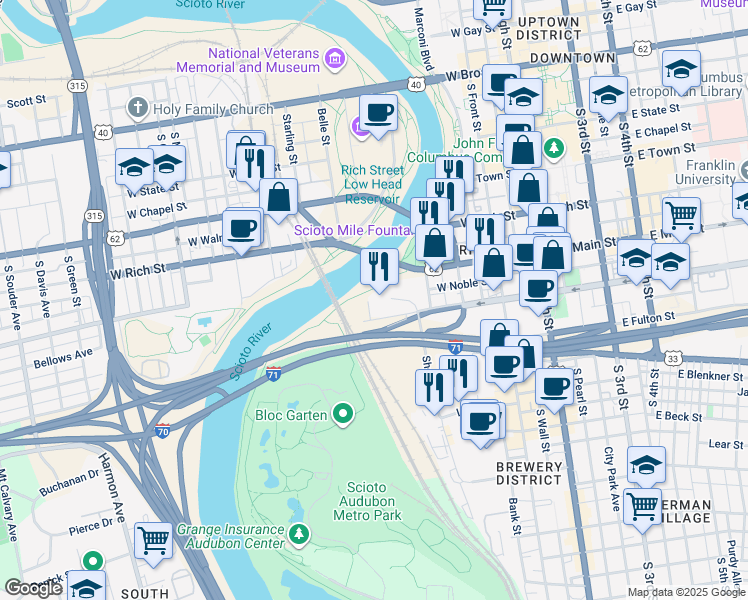 map of restaurants, bars, coffee shops, grocery stores, and more near 280 West Mound Street in Columbus