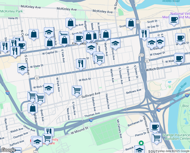 map of restaurants, bars, coffee shops, grocery stores, and more near 243 Avondale Avenue in Columbus