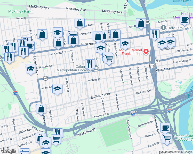 map of restaurants, bars, coffee shops, grocery stores, and more near in Columbus