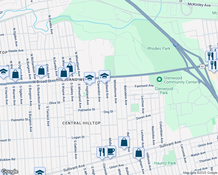 map of restaurants, bars, coffee shops, grocery stores, and more near 79 Midland Avenue in Columbus