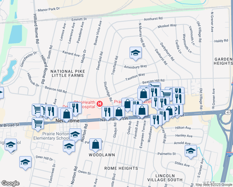 map of restaurants, bars, coffee shops, grocery stores, and more near 90 Sturbridge Road in Columbus