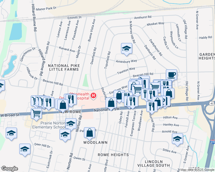 map of restaurants, bars, coffee shops, grocery stores, and more near 90 Sturbridge Road in Columbus